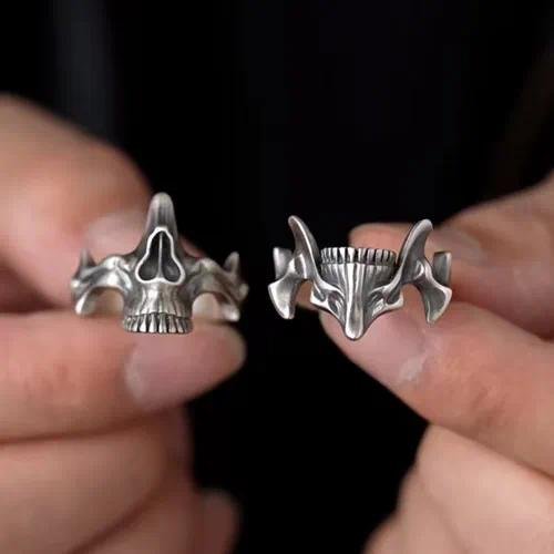 Vintage Skull Ghost Face Two-in-One Thai Style Silver Combination Ring Men's Single Trendy Design Street Zinc Alloy Unisex
