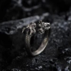 Retro Double Headed Dragon Ring Adjustable Silver Zinc Alloy Geometric Pattern Men's Fashionable Ethnic Style Jewelry Accessory