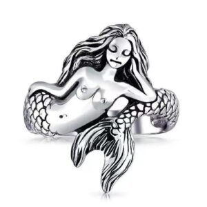 Vintage Mermaid Ring for Men, Unique Fashion Open Ring, Imitation Thai Silver Cartoon Fairy Sea Monster Index Finger Ring
