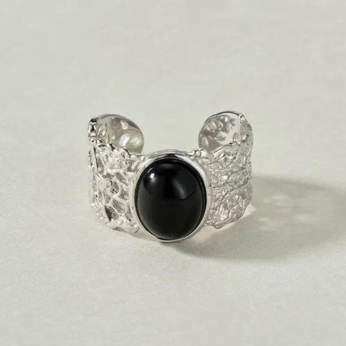 For Women Silver Wide Band Eye Ring in Antique Silver Plated Metal with Artificial Gemstones, Electroplated Finish