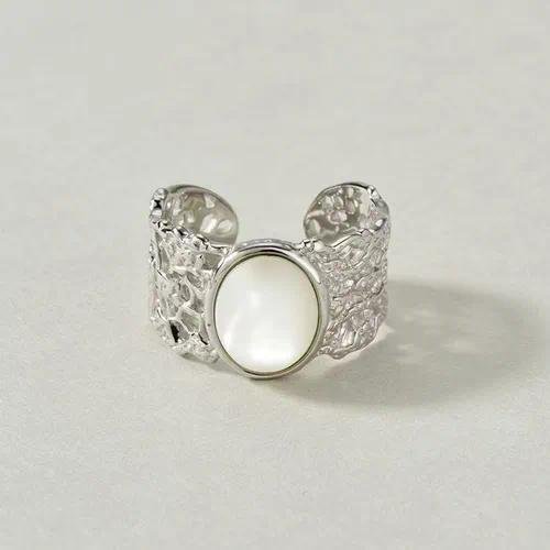For Women Silver Wide Band Eye Ring in Antique Silver Plated Metal with Artificial Gemstones, Electroplated Finish