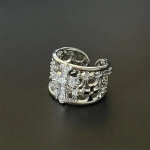 Unisex Cross Ring with Brushed Copper Base Electroplated in White K and Rhinestone Inlay