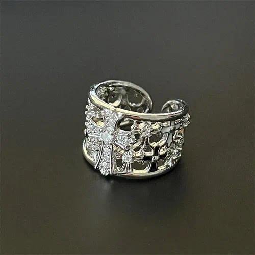 Unisex Cross Ring with Brushed Copper Base Electroplated in White K and Rhinestone Inlay