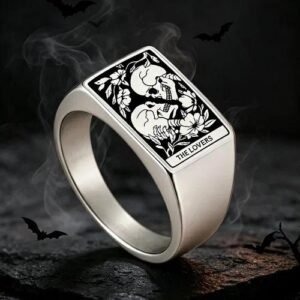 Gothic Skull Ring for Men in 304 Stainless Steel with 18K Real Gold Plated Finish, Laser Engraved for Halloween