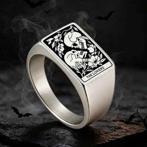 Gothic Skull Ring for Men in 304 Stainless Steel with 18K Real Gold Plated Finish, Laser Engraved for Halloween