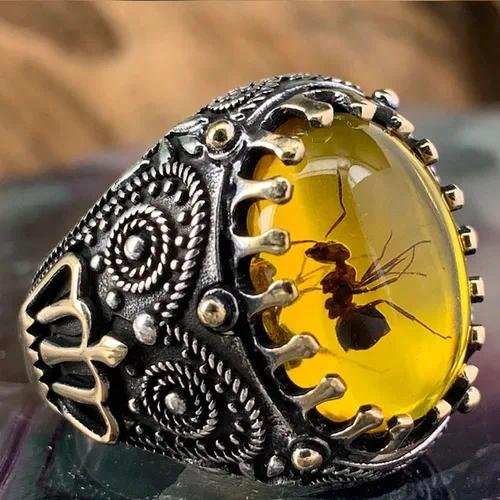 YanSheng New  Style Retro Dual Color Men's Ring Yellow Amber Ant Ring Geometric Pattern Alloy Birthday Party