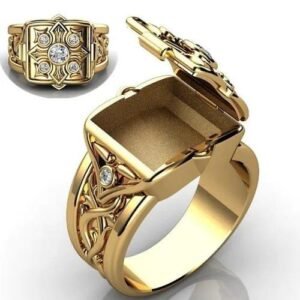 Gold Alloy Quadrilateral Rings For Couples Featuring Carving Craft and Rhinestone Inlay
