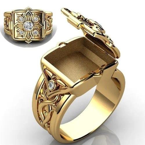 Gold Alloy Quadrilateral Rings For Couples Featuring Carving Craft and Rhinestone Inlay
